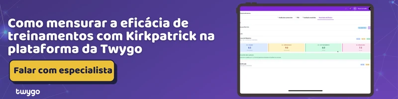 Banner em roxo com texto “Como mensurar a eficácia de treinamentos com Kirkpatrick na plataforma da Twygo”, botão “Falar com especialista” e imagem de um computador exibindo uma interface de plataforma.