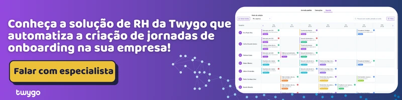 Banner de marketing da plataforma de RH da Twygo, com texto “solução de RH que automatiza a criação de jornadas de onboarding” e botão “Falar com especialista”, exibindo uma interface de gestão em tela
