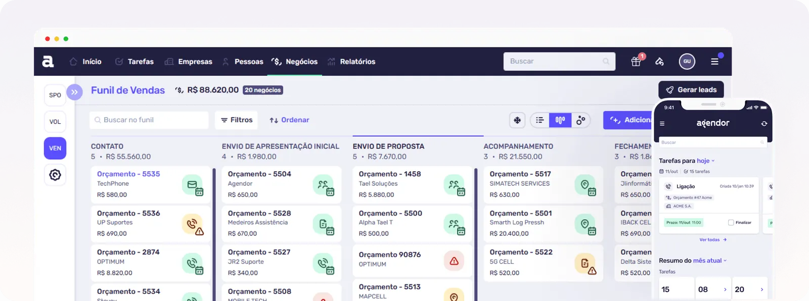Tela de sistema de funil de vendas com etapas como contato, envio de proposta e acompanhamento, exibindo valores e status de orçamentos em um painel