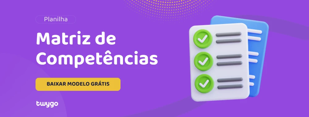 Imagem de capa com texto “Matriz de Competências”, botão “Baixar modelo grátis” e ícone de checklist em caixas, com fundo roxo e detalhes em azul. Promocional da plataforma tuwgo.