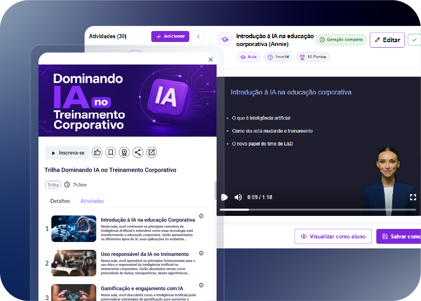 Tela de curso online com design em roxo mostrando o tema “Dominando IA no Treinamento Corporativo” e uma aula intitulada “Introdução à IA na educação corporativa”, com barra de progresso e opção de edição.