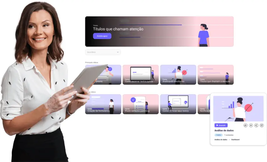 mulher segurando um tablet e, ao lado, a tela de trilha de conteúdo que é disponibilizada dentro da plataforma ead corporativa twygo LMS
