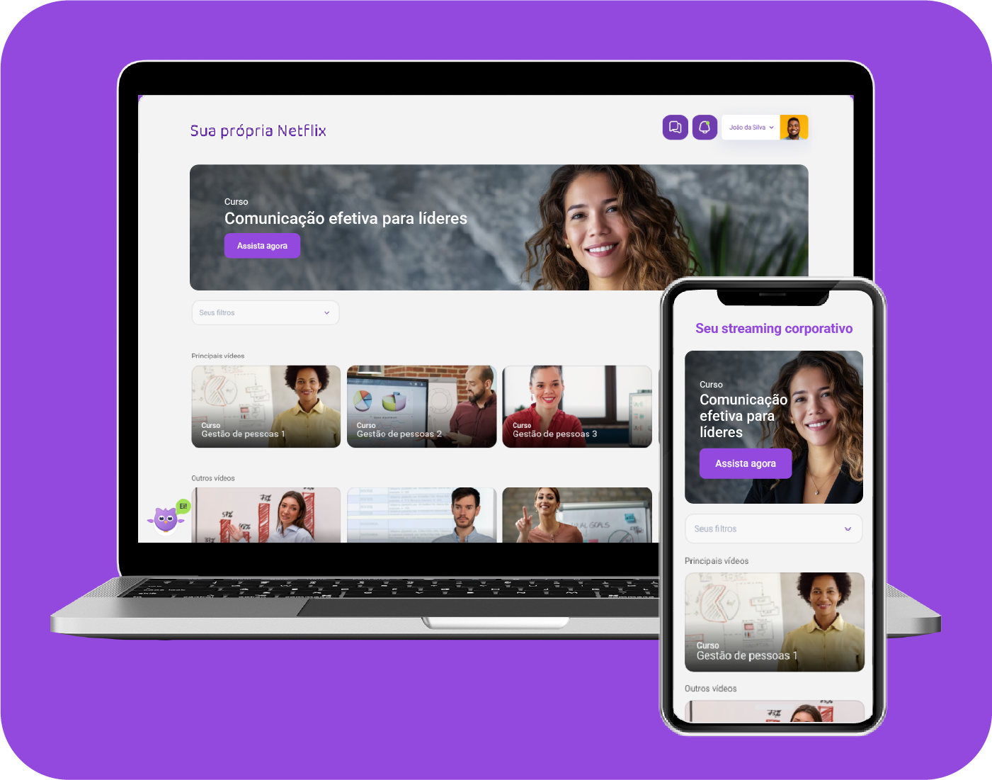 Tela de notebook e celular mostrando uma plataforma de streaming corporativo com o curso “Comunicação efetiva para líderes” e botão “Assista agora”.