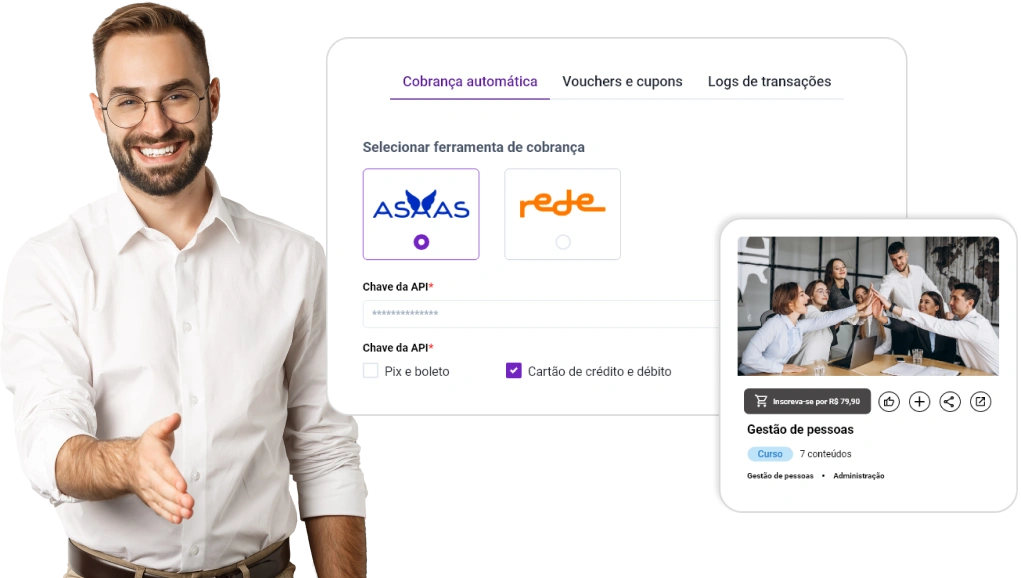 a imagem mostra um homem branco sorrindo, ele está com a mão esticada como se fosse dar um aperto de mão a outra pessoa. Ao lado dele, é possível ver a tela da twygo lms, plataforma ead corporativa