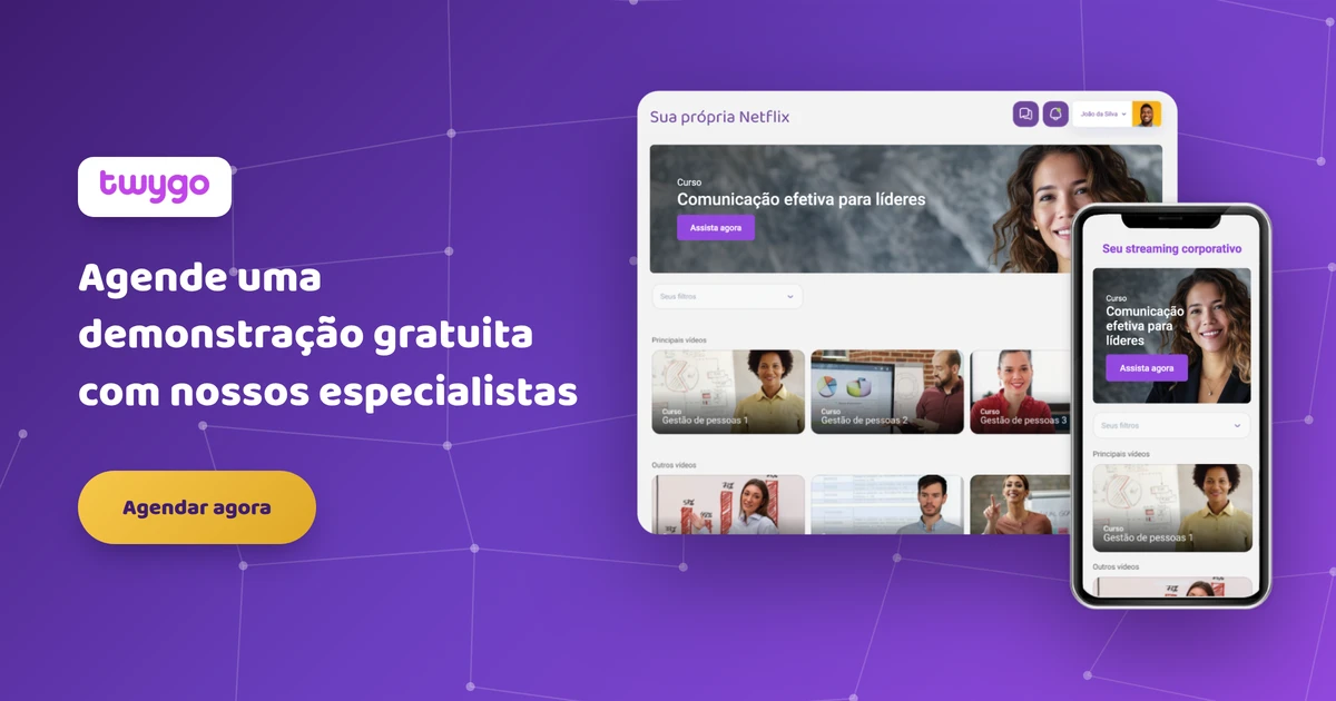 Banner roxo da plataforma Twygo com chamada para agendar uma demonstração gratuita e imagens de uma página do Netflix em um computador e em um celular.