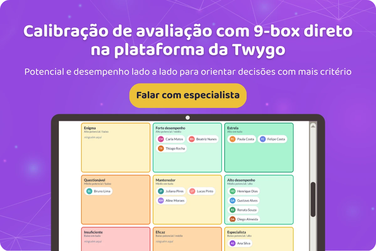 Tela promocional com texto sobre calibração de avaliação com 9-box na plataforma da Twygo, botão “Falar com especialista” e exemplo de matriz em nove quadrantes.