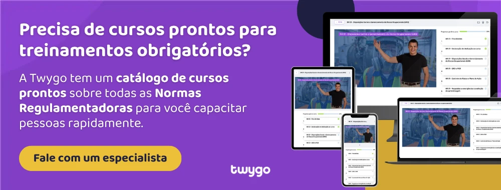 Imagem promocional da Twygo com banner roxo e texto sobre cursos prontos para treinamentos obrigatórios, além de um botão “Fale com um especialista” e telas de um site em computador e celular.