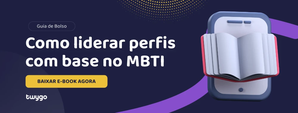 Imagem promocional do e-book “Como liderar perfis com base no MBTI”, com layout azul e roxo e uma cabeça com livros/volumes na área direita. Botão “Baixar e-book agora”.