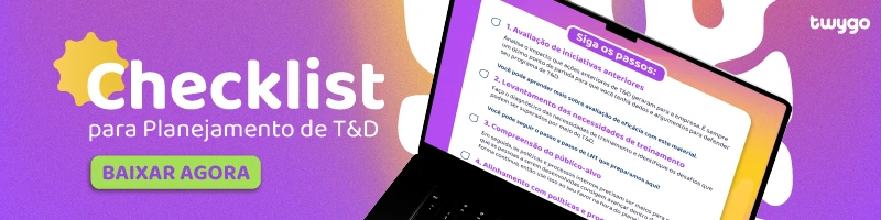 Imagem mostrando um checklist para planejamento de T&D em um laptop, destacando a importância de seguir etapas estratégicas para eficácia.