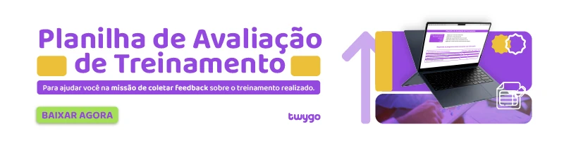 Imagem promocional da Planilha de Avaliação de Treinamento com laptop e texto chamativo para baixar. Ideal para coleta de feedback.