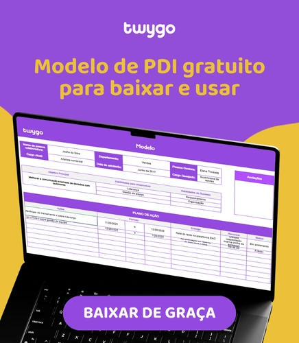 imagem para baixar um modelo gratuito de PDI plano de desenvolvimento individual. a imagem tem fundo roxo e um notebook com o template do PDI aberto