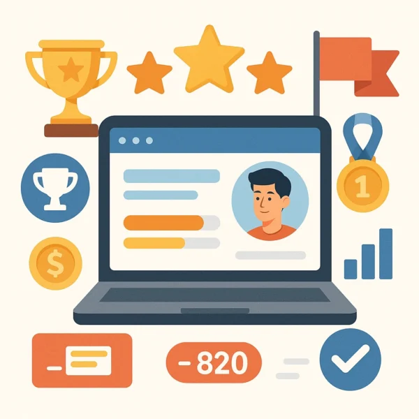 Imagem ilustrativa de um perfil de usuário em um site, com elementos de reconhecimento como medalhas, troféu e avaliação de estrelas, simbolizando sucesso e conquistas online.