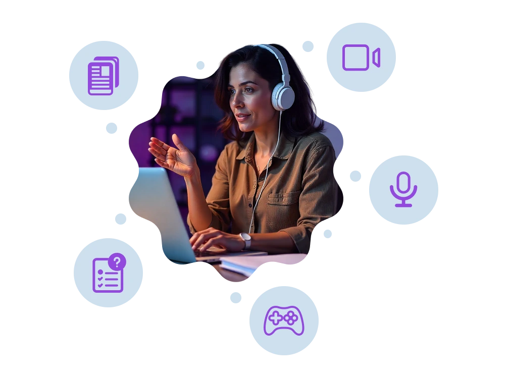 mulher jovem estudando em frente ao computador. em volta dela, temos icones que remente a video, audio, podcast, texto, que são formatos de conteudos do twygo learning cursos prontos da Twygo