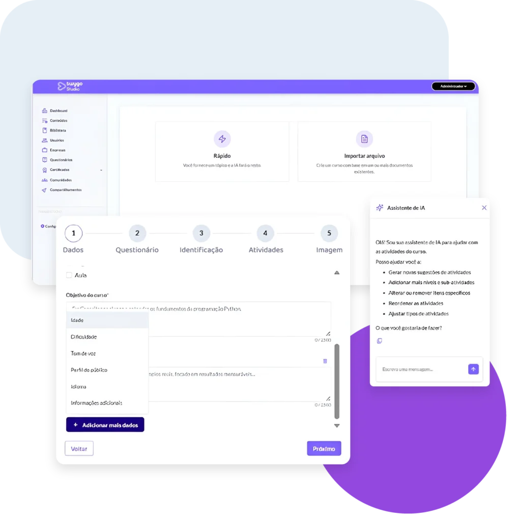 Criação de cursos com materiais existentes da sua empresa , usando o estúdio de criação de cursos com ia da twygo, plataforma lms