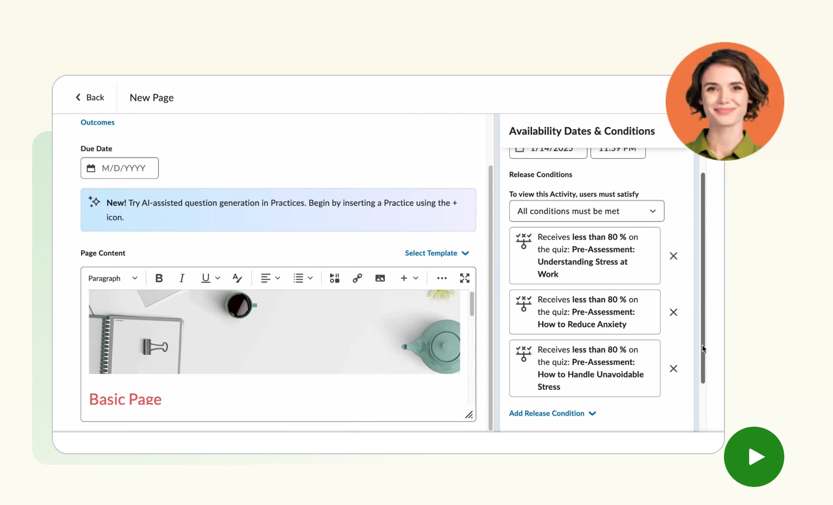 Imagem de uma tela de criação de página com ferramentas de edição de texto, ícones de configurações e uma foto de uma mulher com cabelo cacheado, sorrindo, em um círculo no canto superior direito.