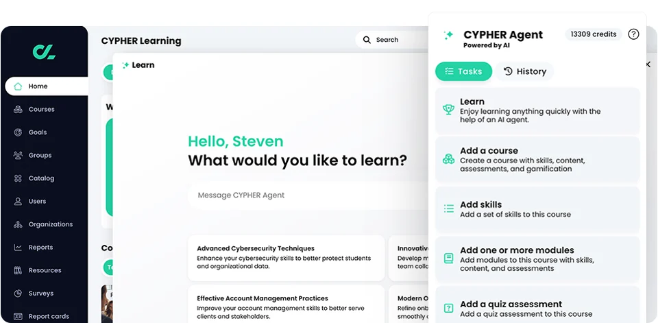 Imagem de uma tela de plataforma de aprendizado online chamada CYBER Learning com o nome 'Hello, Steven' e opções de cursos e tarefas.