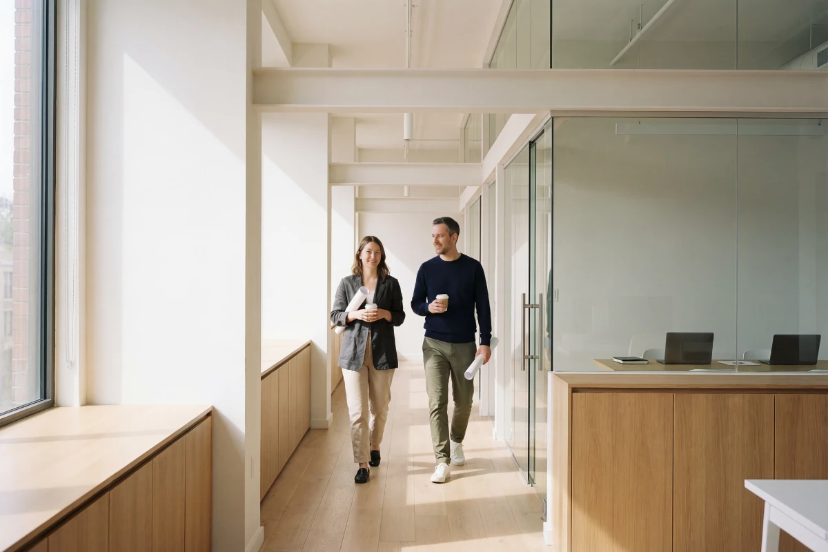 Homem e mulher de negócios caminhando pelo escritório moderno com espaços claros e iluminação natural, conversando e tomando café.
