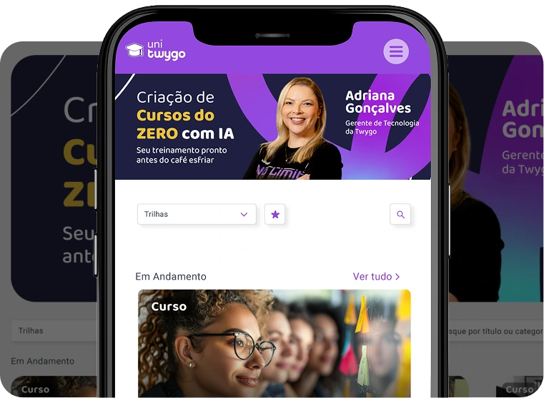 tela da plataforma lms da twygo, ferramenta usada por empresas de diferentes segmentos que precisam treinar pessoas, clientes, franquias e clientes