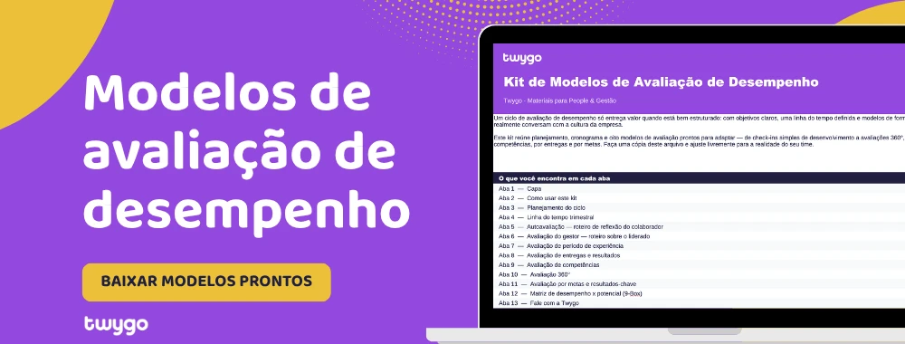 Imagem de site com layout em tons roxos e amarelos, mostrando um destaque do aplicativo twygo com o título "Modelos de avaliação de desempenho" e um botão "Baixar modelos prontos", além de um painel de tela com informações do kit de modelos.