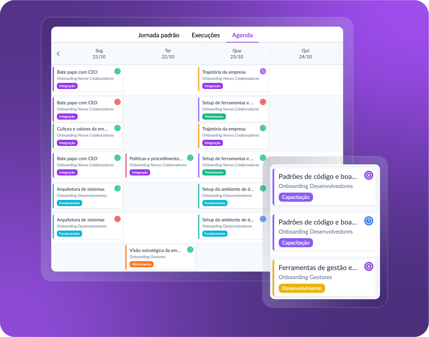tela de agenda de atividades da jornada de onboarding da plataforma twygo