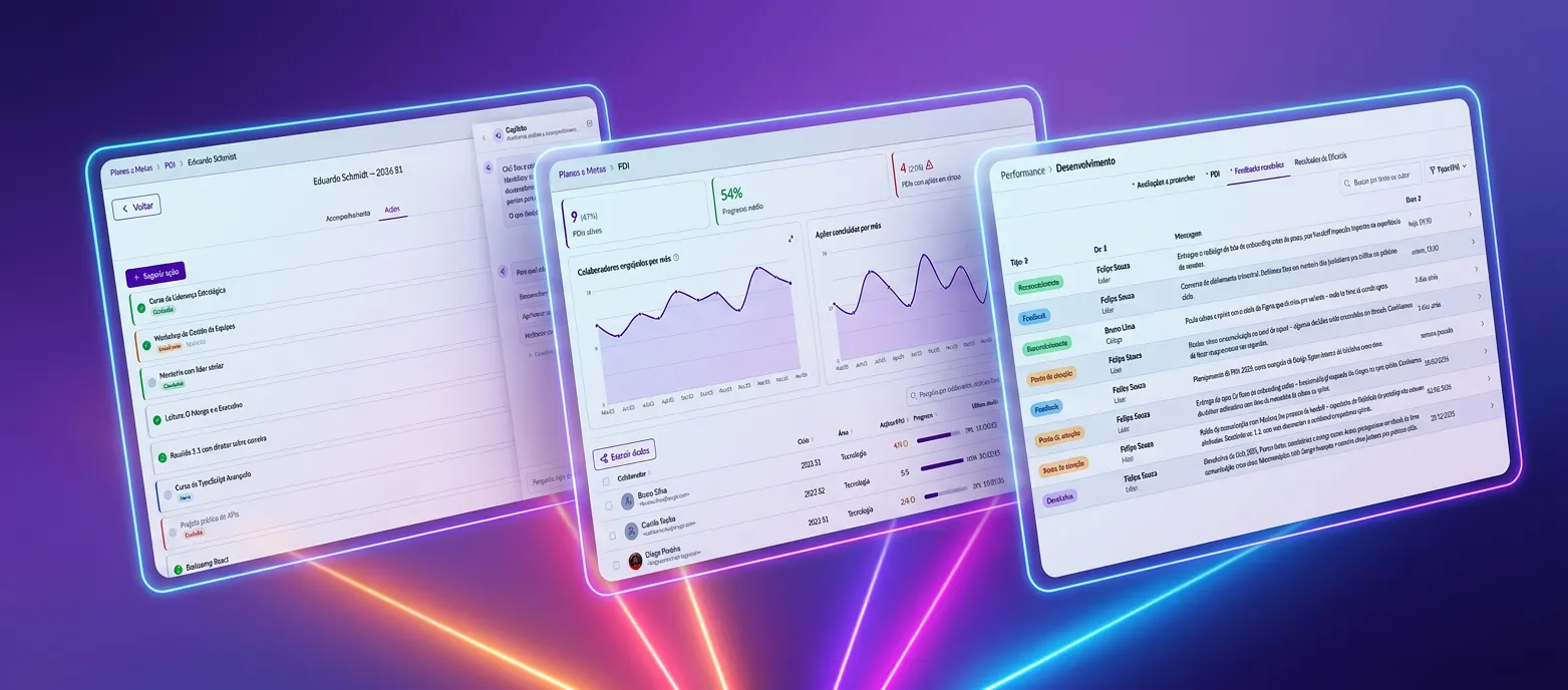 Painéis de controle e relatórios de dados em telas digitais com gráficos, tabelas e indicadores, em estilo futurista com luzes neon azul e roxa no fundo.