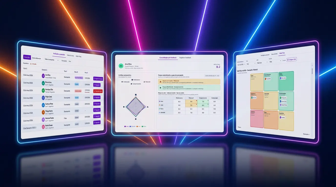 Painel de sistema com três telas de dashboard exibindo métricas, gráficos e tabelas de controle em interfaces coloridas, destacadas por luzes neon no fundo do módulo de avaliação de desempenho da Twygo