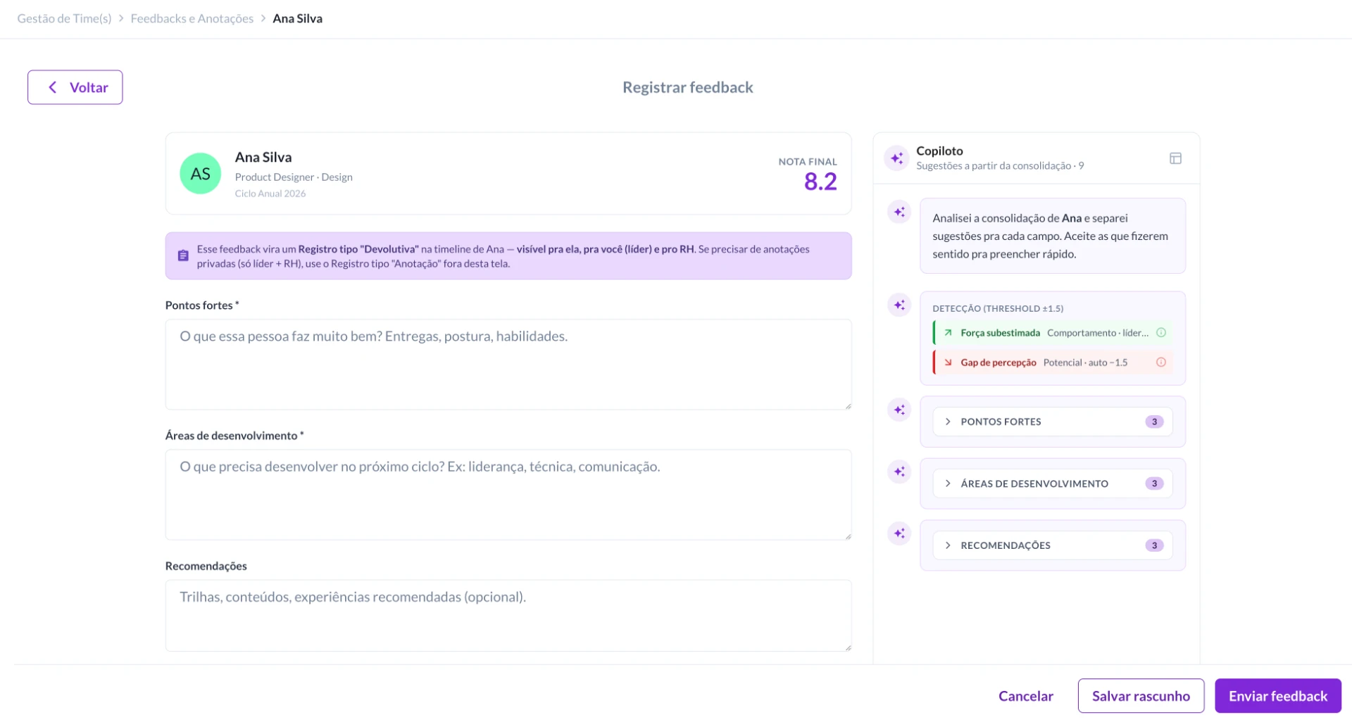 Tela de avaliação de feedback que pode ser feita na plataforma da Twygo, com formulário preenchido, nota final 8,2/10, campos de pontos fortes, áreas de desenvolvimento e recomendações, com botão Enviar feedback.