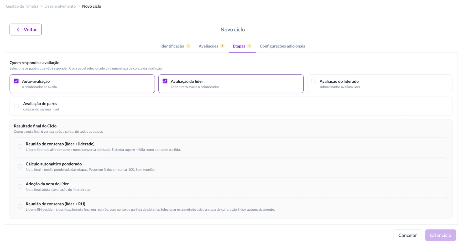 Tela de software de gestão de ciclo com formulário de etapas, campos de avaliação do líder, avaliação de pares e botão para criar novo ciclo. Interface em layout horizontal da plataforma da Twygo, que permite realizar avaliação de desempenho