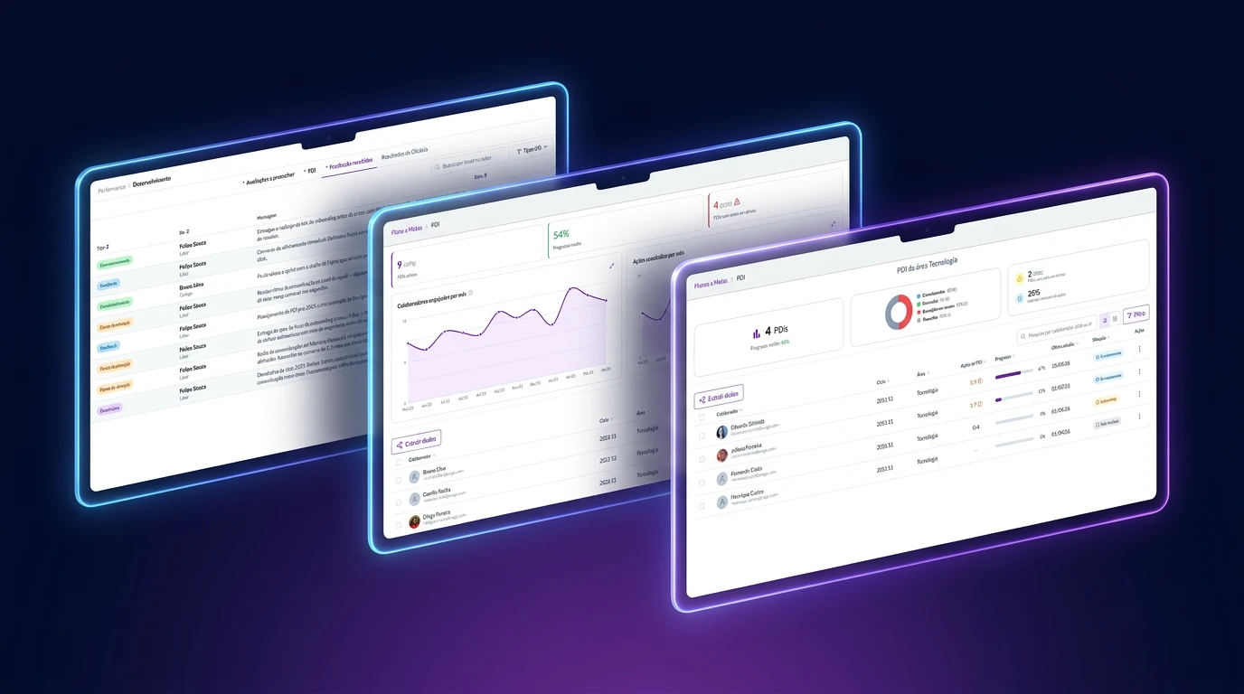 Imagem em fundo escuro com três telas de computador com interface de painel de controle e dados, gráficos e listas, representando monitoramento e análise de desempenho presentes no modulo de pdi da twygo
