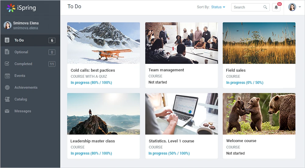 Tela do iSpring com painel lateral de navegação e cards de cursos “To Do”, incluindo imagens de montanha, reunião de equipe, campo e animais. Status e progresso aparecem nos cards.