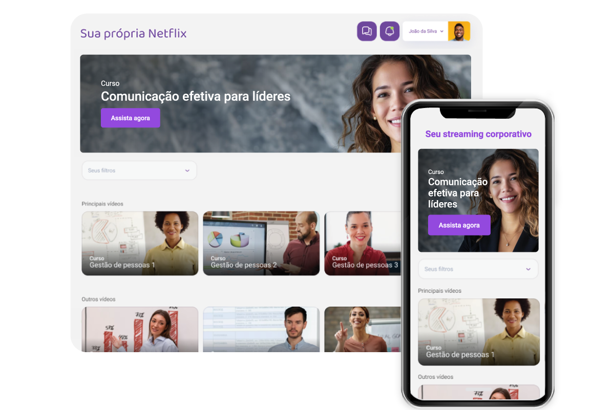 tela da plataforma lms da twygo, mostrando cursos em uma universidade corporativa, com visão do aplicativo mobile da twygo para assistir aos conte;udos onde quiser