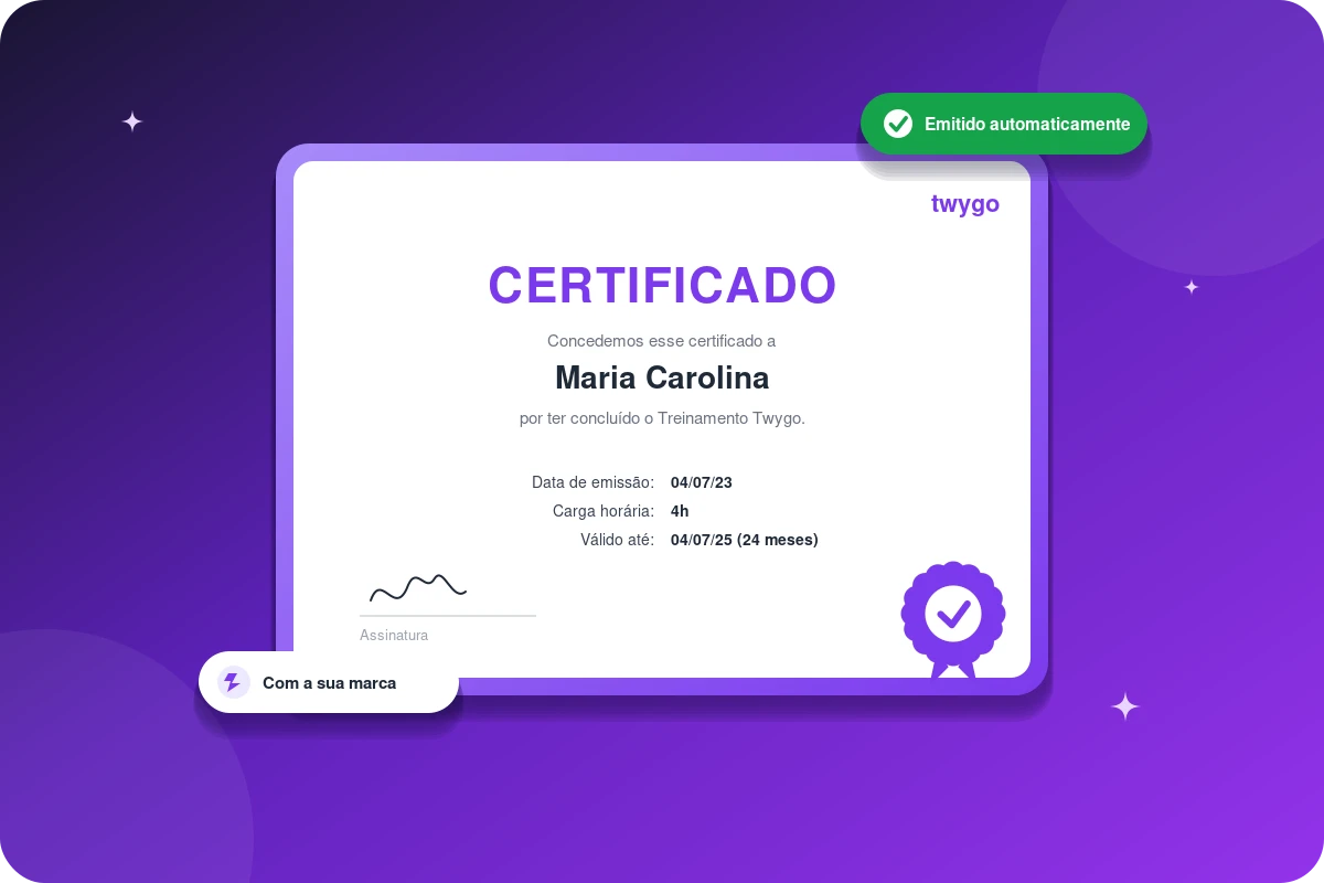 Imagem de um certificado digital “CERTIFICADO” da plataforma Twygo, com o nome Maria Carolina e campos de emissão e validade, em layout roxo com selo de verificação.
