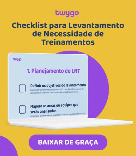 Arte digital com a marca Twygo e o título “Checklist para Levantamento de Necessidade de Treinamentos”. Um laptop exibe uma seção “1. Planejamento do LNT” com itens e caixas de seleção, com botão “Baixar de Graça”.