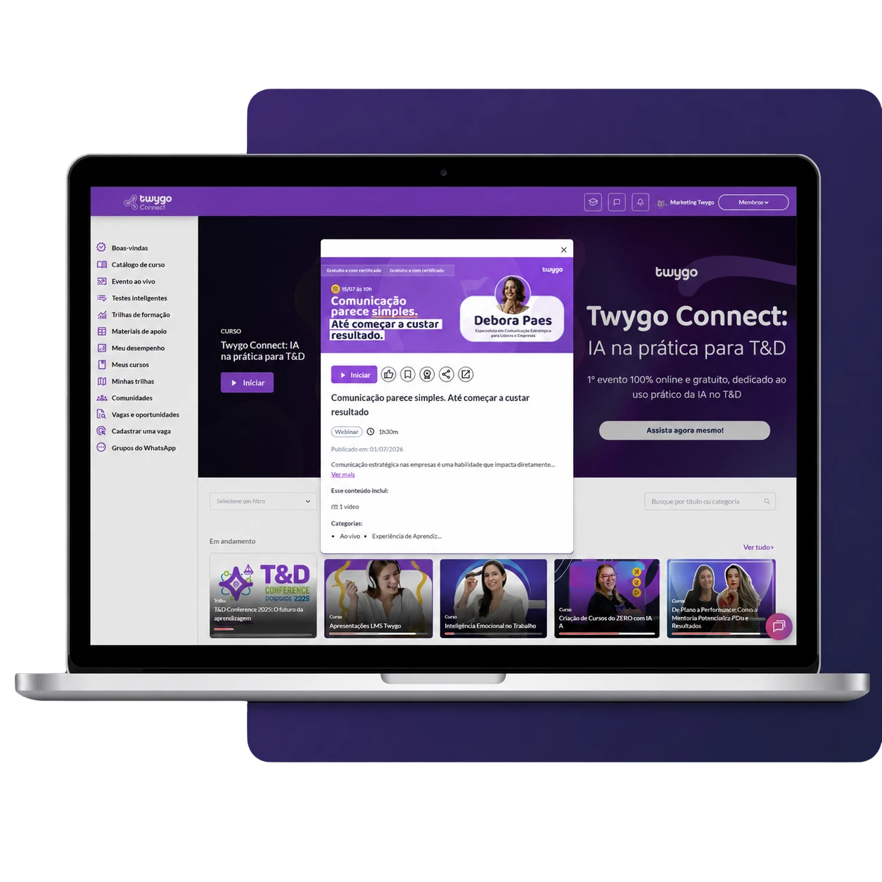 Imagem de um notebook exibindo o site Twygo Connect, com interface roxa e apresentação de cursos e webinars. Janela central de curso aberta, com cards de palestrantes e navegação lateral.