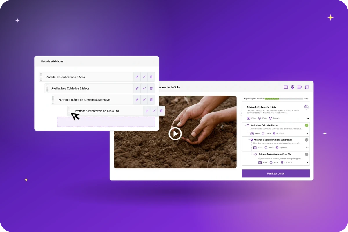 Imagem em fundo roxo com duas telas de interface de curso: uma página de lista de atividades e outra com módulo sobre conhecimento do solo e avaliação, sobreposta a vídeo de mãos mexendo na terra.