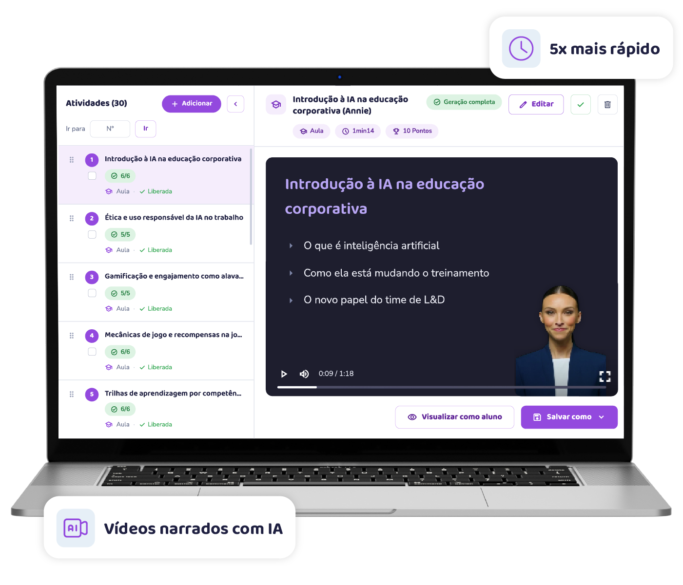 Tela de um notebook mostrando plataforma de curso online com “Introdução à IA na educação corporativa”, aulas, progresso e vídeo narrado em interface de e-learning.