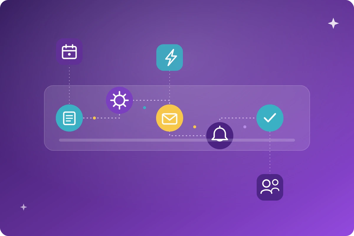 Ilustração em fundo roxo com ícones conectados por linhas pontilhadas: calendário, energia, documento, engrenagem, e-mail, sino e check, sugerindo automação e comunicação digital.