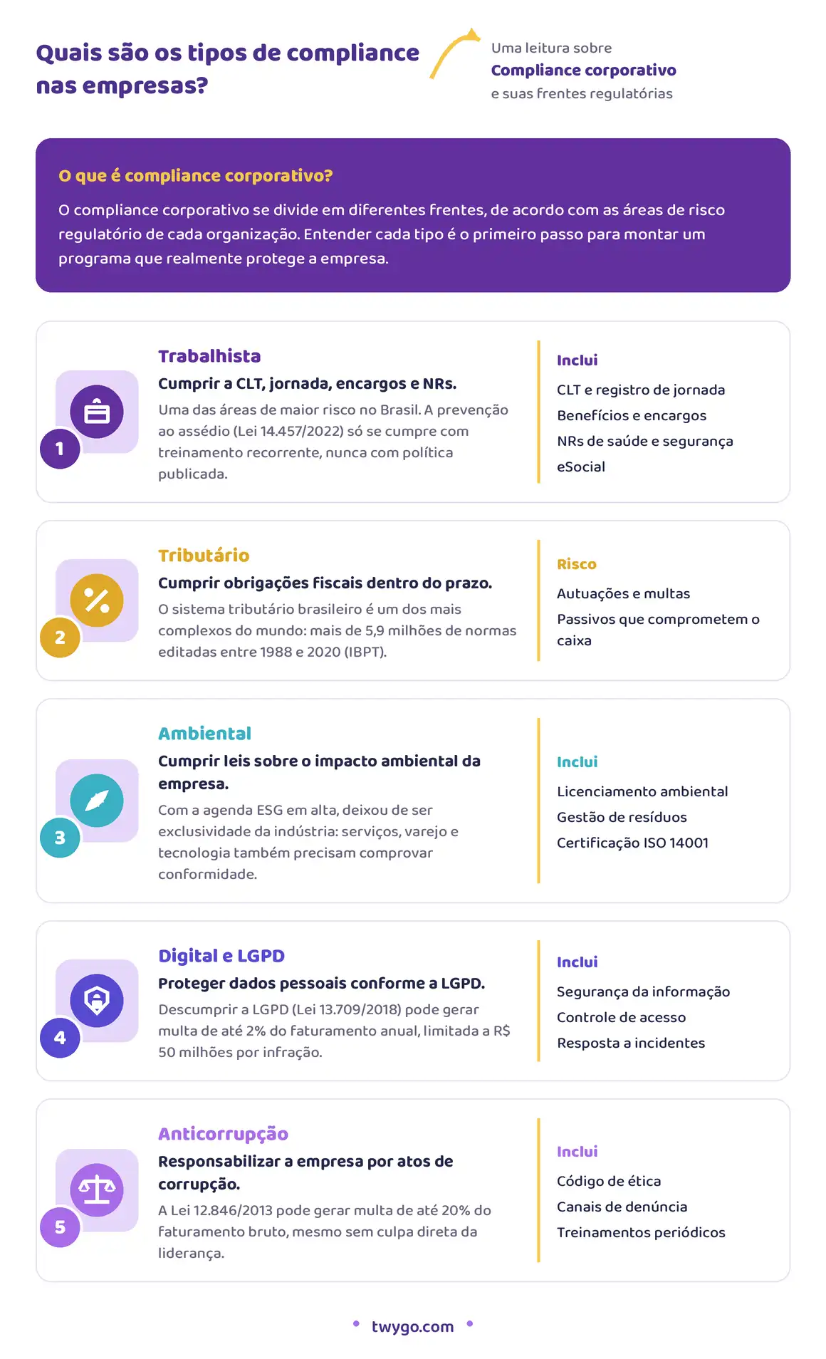 Infográfico sobre compliance corporativo com seções de Compliance corporativo e exemplos de Compliance em Trabalhista, Tributário, Ambiental, Digital e LGPD e Anticorrupção, com riscos e itens inclusos.