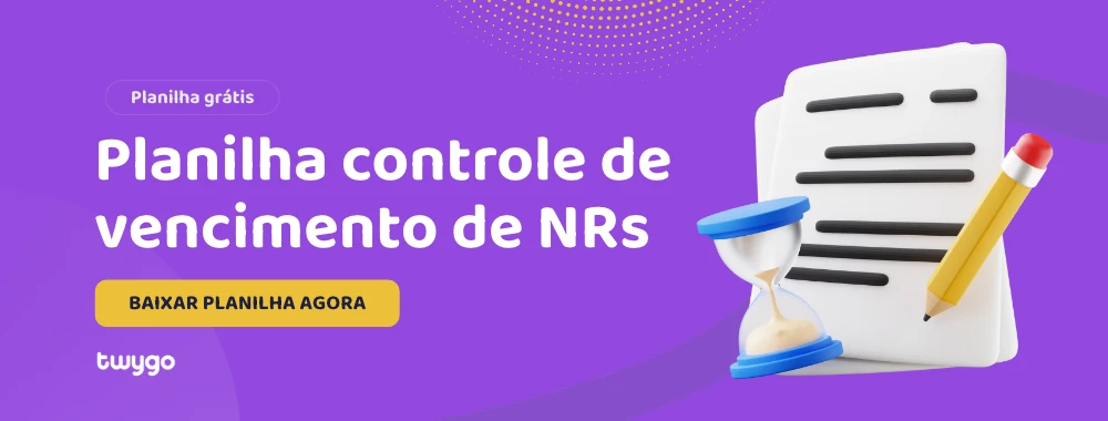 Capa de landing page com texto “Planilha controle de vencimento de NRs” e botão “Baixar planilha agora”, com ícone de documento, ampulheta e lápis sobre fundo roxo e verde