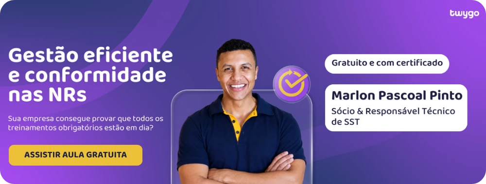 Imagem promocional com o texto “Gestão eficiente e conformidade nas NRs”, um instrutor sorrindo com braços cruzados e chamada “Assista aula gratuita” ao lado de credenciais e certificado do responsável técnico Marlon Pascoal Pinto de SST.