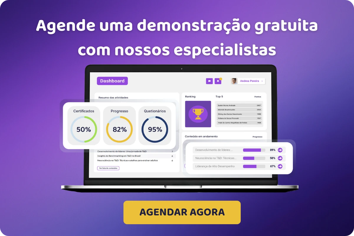 Tela de um notebook exibindo um dashboard com indicadores de progresso e ranking, com texto “Agende uma demonstração gratuita com nossos especialistas” e botão “Agendar agora”.